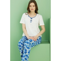 Siyah İnci V Yaka Örme Pamuklu Pijama Takım25113279 Ekru