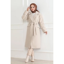 Ertaştrendstore Kadın Kaşe Kaban Uzun Boy Kruvaze Yaka Kuşaklı Tesettür Kaşe Kaban Astarlı Yünlü - Bej Çok Renk