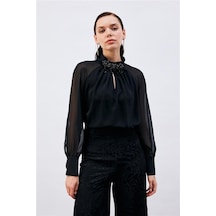 Sateen Aksesuar Detaylı Şifon Kollu Bluz 1116-1051 001