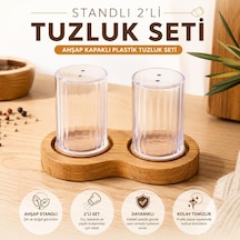 Ahşap Standlı 2'li Tuzluk Seti - Ahşap Kapaklı Şeffaf Plastik Baharatlık