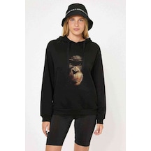 Animal Maymun Baskılı Siyah Kadın Örme Kapşonlu Sweashirt