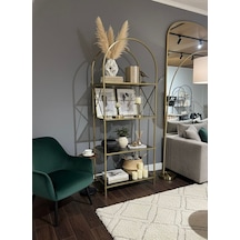 Noble Metal Kitaplık Dekoratif Kemerli 4 Raflı Salon Ve Ofis Rafı 70x180 Cm Altın