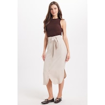 Tudors Kadın Slim Fit Dar Kesim Pileli Pamuklu Ön Düğme Kapamalı Kuşaklı Yırtmaçlı Taş Etek -50947