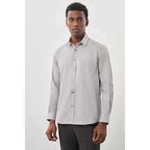 İmza Gri Uzun Kollu Sert Yaka Cepsiz Pamuklu Likralı Klasik Slim Fit Dar Kesim Gömlek 1004245234 Gri