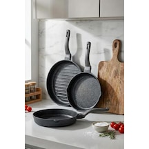 Tr 3738 Biogranit Döküm Grill Ergonomik Saplı 3 Parça Tava Seti Gri 20-24-28cm Genel