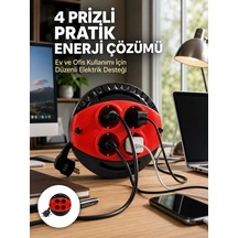 3 Metre Uzatma Kablolu 4 Prizli Makara Kırmızı - 5000 Diğer
