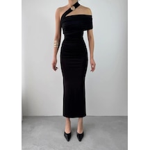 Defymoda Reta Çapraz Omuz Elbise Siyah
