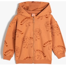 Koton Kapşonlu Sweatshirt Fermuarlı Baskılı Uzun Kollu Pamuklu Kahverengi 4smb10239tk 4SMB10239TK534 Kahve