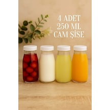 4 Adet Beyaz Plastik Kapaklı 250 Ml Şeffaf Sürahi Süt, Ayran, Su, Limonata, Meşrubat Şişesi Cam Şişe