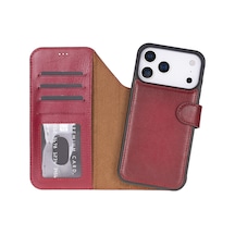 İphone 18 Pro / 17 Pro İçin, Hakiki Deri, El Yapımı Cüzdanlı Kılıf, Magsafe İle Uyumlu, İç Yüzeyi Kadife, Kırmızı siyah