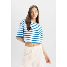 Defacto Coool Fitted Çizgili Kısa Kollu Tişört A9046AX24SMBE439 Mavi