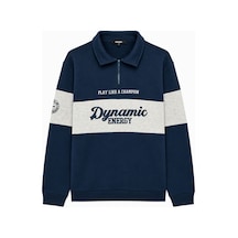 Koton Uzun Kollu Üç İplik Şardonlu Renk Bloklu Yarım Fermuarlı Polo Yaka Baskılı Sweatshirt Lacivert 7wam70031mk