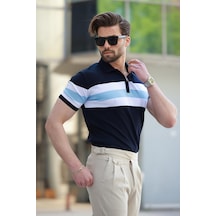 Madmext Lacivert Fermuarlı Polo Yaka Çizgili Erkek Tişört E7406 Lacivert