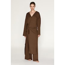 ETHIQUET Ethıquet Ibarra Kadın Yumuşak Ve Esnek Kumaşlı Belden Bağlamalı Uzun Kahverengi Kimono