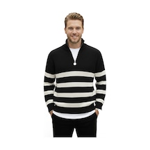 Deepsea Erkek Siyah Yarım Fermuarlı Oversize Kesim Triko Kazak Pamuklu Yumuşak Örgü Çizgili Kazak 2608513 Siyah