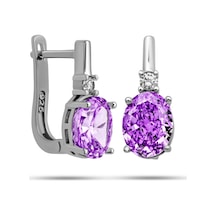 Gümüş Ice Cut Oval Mor Zirkon Taşlı Kadın Küpe Gümüş