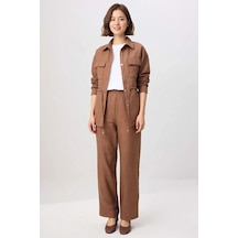 Benerly Kadın Büyük Beden Gömlek Pantolon Takımı %100 Polyester Keten Dok Kahverengi