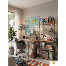 Vien 2 Set Kitaplıklı Masa Raflı Çalışma Masası 5 Raflı Kitaplık Monitör Yükseltici Siyah - Çam