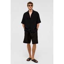 Vamos Oversize Çizgili Kısa Kollu Modal Kumaş Gömlek Siyah