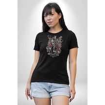 Gitar Kafatası Güller Doğa Uyumu Unisex Unisex Siyah Organik Baskılı T-shirt Penye Yüksek Kalite Siyah