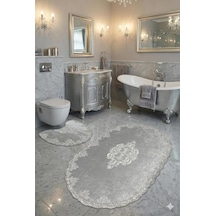 Milas Kaymaz Taban, Kadife Dantel Detaylı 2'li Süper Lüks Oval Banyo Paspası Seti, Gri, 60x100 Cm Çok Renkli