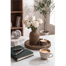 Senfoni Vazo Dekoratif Set - Modern Minimalist Estetik Tasarım Dekoratif Set - Pilli Mum, Mumluk Ve Tepsi Dahil Ev Ofis Salon Dekorasyonu İçin Şık Kompozisyon - Ahenk Tasarım Kahverengi