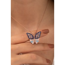 Mavi Taşlı Kelebek Kolye Bayan Gümüş Kolye Rose Gold