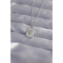 Ezoconcept 316l Çelik Zincir Mermer Desenli Gümüş Renk Zirkon Taşlı Kalp Model Kolye 001