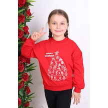 Kız Çocuk Relax Fit Bisiklet Yaka Düşük Omuz Baskılı Sweatshirt - 2 İplik Kırmızı