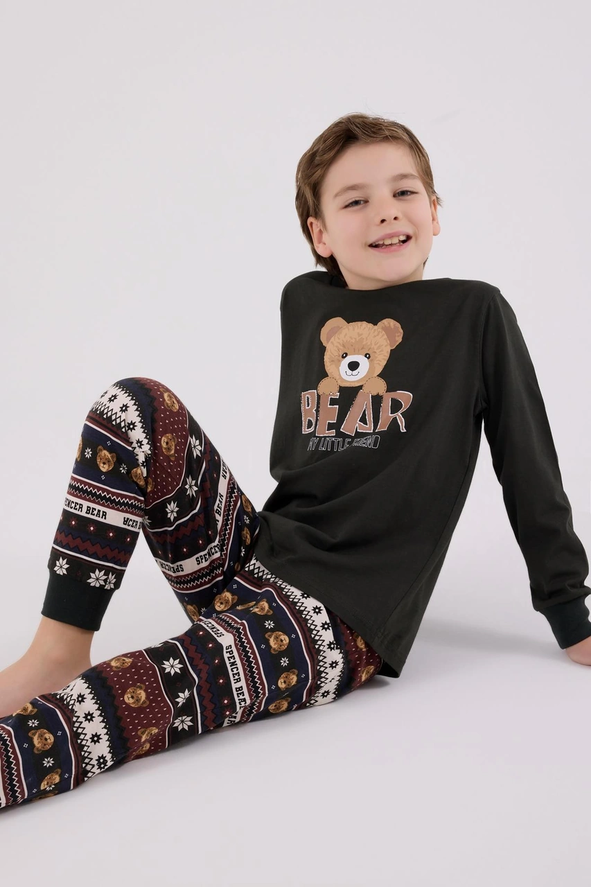 Arnetta Erkek Çocuk Aile Bear My Little Friend %100 Pamuklu 4 Mevsim Uzun Kollu Pijama Takım Füme