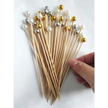 15 Cm Uzun Kürdan - 30 Adet Dekoratif Karışık Renkli Büyük Incili Kokteyl Kürdanı - Inci 10 Mm
