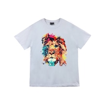 Aslan Baskılı Unisex %100 Pamuk Beyaz T-shirt Beyaz