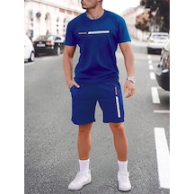 Newyork Çizgi T-shirt Şort - Saxs Alt Üst Kombin Şort Tişört Takım Baskılı Oversize Bisiklet Yaka Lacivert