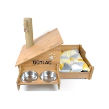 Ahşap Kedi Evi - Mama Kabı - Özel Isim Baskılı - Tırmalama Çubuklu -meşe Mdf - Çelik Kase - 2 400ml