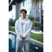 Barlashive Erkek Kapüşonlu Kanguru Cepli Sweatshirt 3 İplik Pamuklu Baskılı Hoodie - Beyaz Çok Renkli