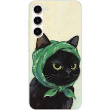 Samsung Galaxy S24 Plus Uyumlu Babushka Yeşil Başörtülü Siyah Kedi Baskılı Silikon Kılıf Renkli