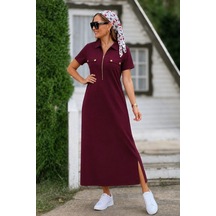 Etiler Collection Kadın Kısa Kollu Yakalı Fermuarlı Uzun Viskon Iki Iplik Elbise Bordo