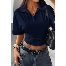 Cool Tarz Kadın Lacivert Crop Belden Oturan Tişört Polo Yaka Modern Şık Tasarım Lacivert Lacivert