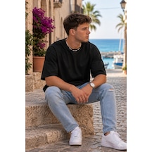 Erkek Oversize Tişört Bisiklet Yaka Basic Bol Kesim Kısa Kollu Günlük T-shirt Siyah