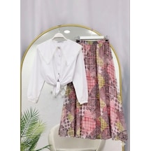 Lovie Moda Kadın Beyaz Fisto Gömlek Beli Lastikli Desenli Şifon Etek Takım - Pembe