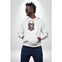 Müzik Kulaklık Takan Kurukafa Kırmızı Gül Kadın Erkek Beyaz Kapüşonlu Sweatshirt Hoodie Beyaz