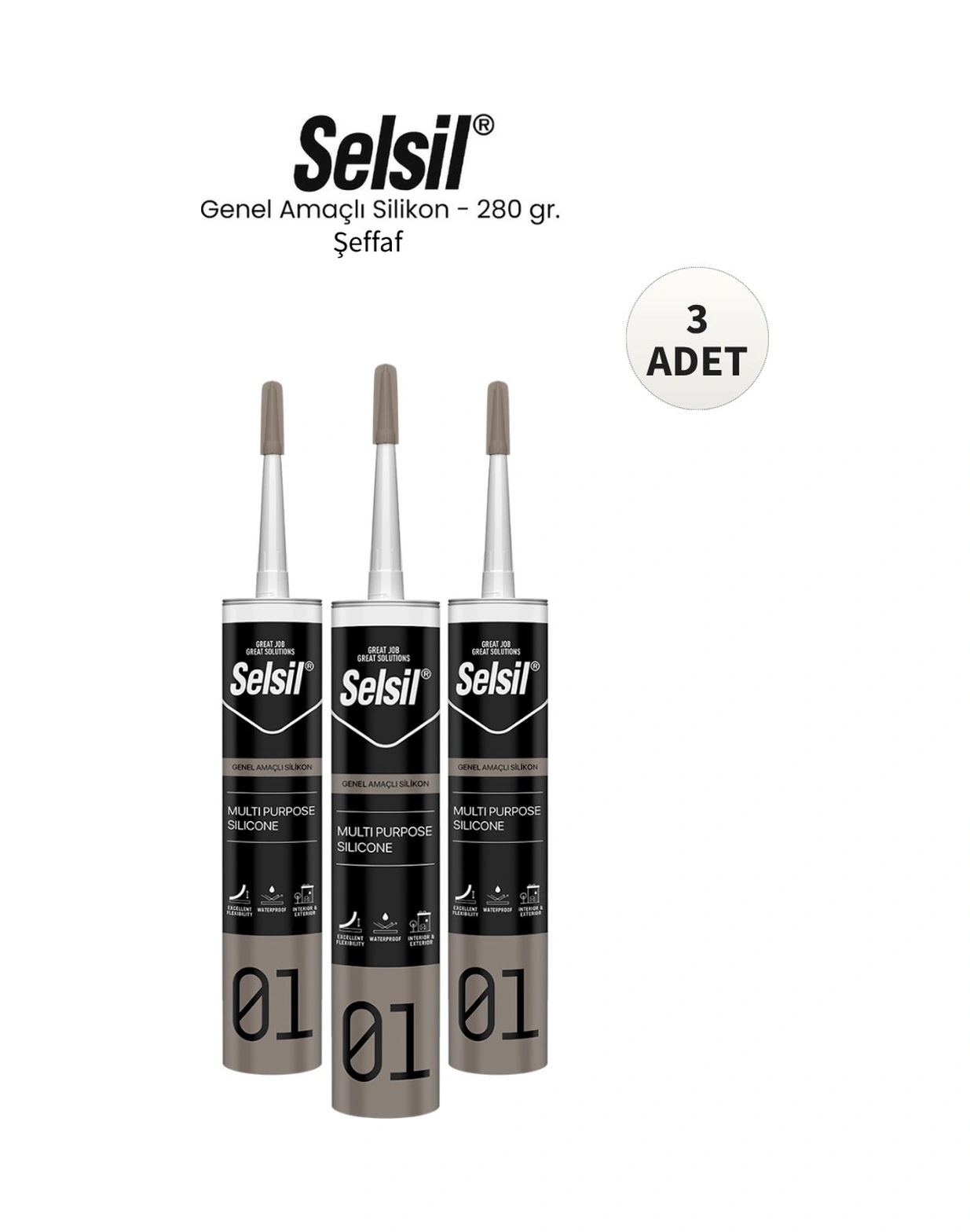 Selsil Genel Amaçlı Şeffaf Silikon 280 Gr. - 3 Adet Şeffaf