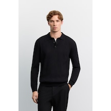 Avva Erkek Siyah Polo Yaka Düğmeli Kırışmaz Viskon Karışımlı Soft Touch Regular Fit Kazak A62y5046