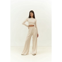 Mai Collection Mai Studios Co. Jany Uzun Kollu Bej Crop Pantolon Takım Bej