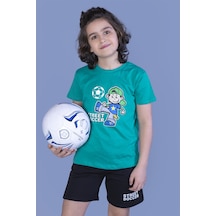 Toontoy Erkek Çocuk 2'li Takım Baskılı Bisiklet Yaka Tişört & Beli Lastikli Cepli Şort Yeşil