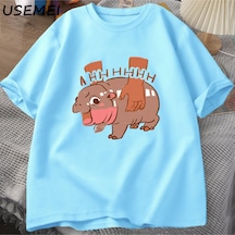 Flood Of Style Moo Deng Meme T Shirt Komik I Love Moo Deng Tee Hippo Sevgilisi T-shirt Pamuk Kısa Kol Mavi