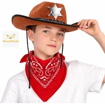 Çocuk Kovboy Şapka Rozetli Kahverengi & Kırmızı Bandana Seti