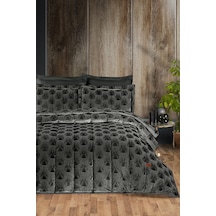 Lucianna Jakar Kadife Çift Kişilik Yatak Örtüsü Takımı Antrasit Bej