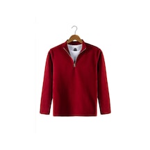 Kırmızı Yarım Fermuarlı Regular Kalıp Dik Yaka Polar Sweatshirt Kırmızı