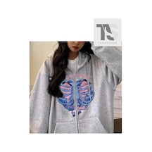 Tarzsokak İskelet Kalp Sweatshirt Fermuarlı Hırka Gri